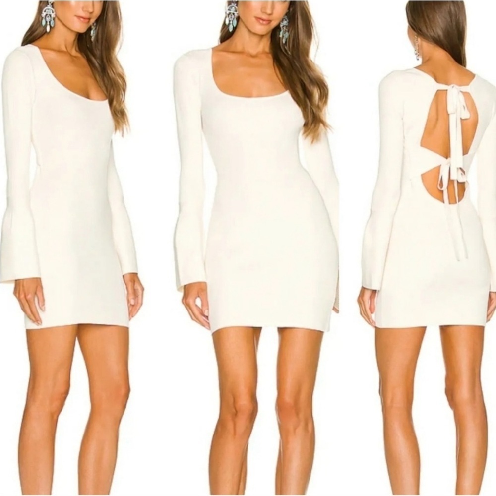 Alexis Terza Ribbed Knit Open Back Mini Long Sleeve Bodycon Dress Pearl Medium